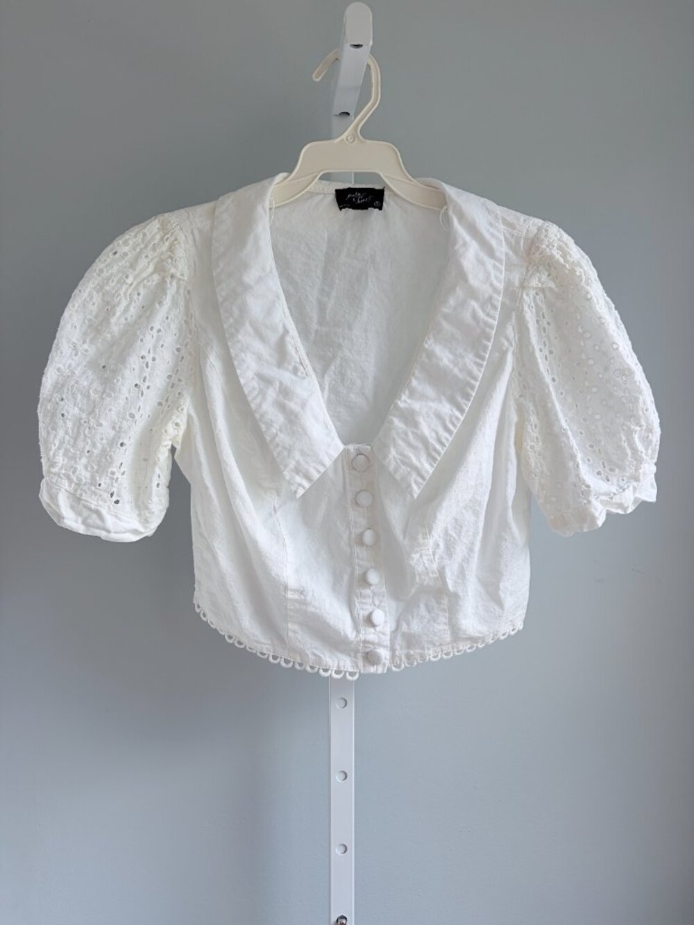 Milk & Honey White Eyelet Cropped Top Puff Sleeve Cotton Boho Blouse Sz S - Picture 2 of 8